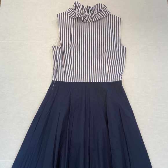 NWT Eliza J Navy Striped Ruffle Neck Sleeveless Dress Fit & Flare Midi Size 8 - Picture 2 of 3